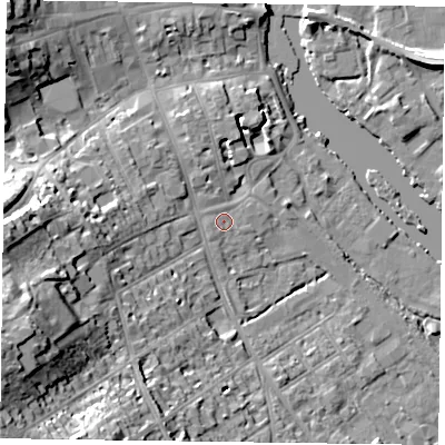 Shaded relief map of the ground around RG91AY, computed from Environment Agency LiDAR. The ground here sits at about 35 m above sea level and falls 26 m across the surrounding 800 m. Surface water reaching this point runs off ground lying to the west-south-west, 0.8 m higher.