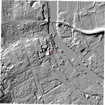 Shaded relief map of the ground around RG91AZ, computed from Environment Agency LiDAR. The ground here sits at about 33 m above sea level and falls 20 m across the surrounding 800 m. Surface water reaching this point runs off ground lying to the west-south-west, 3.8 m higher.
