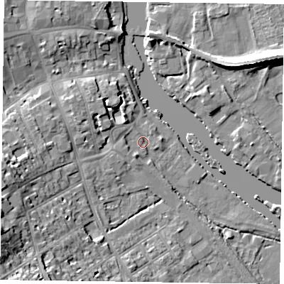 Shaded relief map of the ground around RG91BD, computed from Environment Agency LiDAR. The ground here sits at about 33 m above sea level and falls 18 m across the surrounding 800 m. Surface water reaching this point runs off ground lying to the west-south-west, 10.1 m higher.