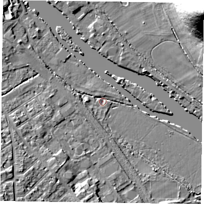 Shaded relief map of the ground around RG91BF, computed from Environment Agency LiDAR. The ground here sits at about 31 m above sea level and falls 46 m across the surrounding 800 m. Surface water reaching this point runs off ground lying to the south-west, 14.8 m higher.