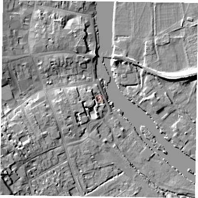 Shaded relief map of the ground around RG91BG, computed from Environment Agency LiDAR. The ground here sits at about 33 m above sea level and falls 21 m across the surrounding 800 m. Surface water reaching this point runs off ground lying to the south-west, 4.4 m higher.