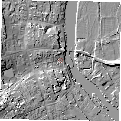 Shaded relief map of the ground around RG91BH, computed from Environment Agency LiDAR. The ground here sits at about 33 m above sea level and falls 18 m across the surrounding 800 m. Surface water reaching this point runs off ground lying to the south-west, 15.7 m higher.