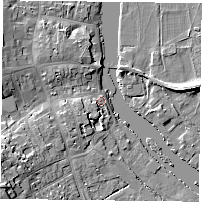 Shaded relief map of the ground around RG91BQ, computed from Environment Agency LiDAR. The ground here sits at about 33 m above sea level and falls 20 m across the surrounding 800 m. Surface water reaching this point runs off ground lying to the south-south-west, 4.4 m higher.