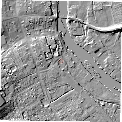 Shaded relief map of the ground around RG91BS, computed from Environment Agency LiDAR. The ground here sits at about 33 m above sea level and falls 21 m across the surrounding 800 m. Surface water reaching this point runs off ground lying to the west-south-west, 12.4 m higher.
