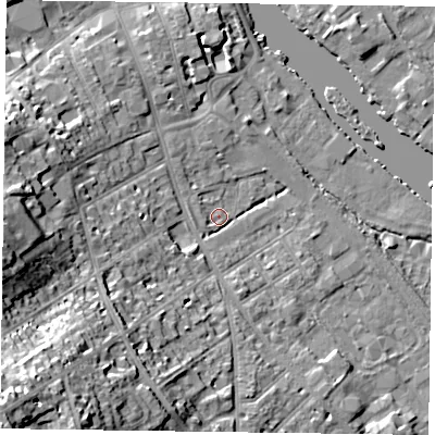 Shaded relief map of the ground around RG91BT, computed from Environment Agency LiDAR. The ground here sits at about 34 m above sea level and falls 31 m across the surrounding 800 m. Surface water reaching this point runs off ground lying to the south-west, 25.3 m higher.