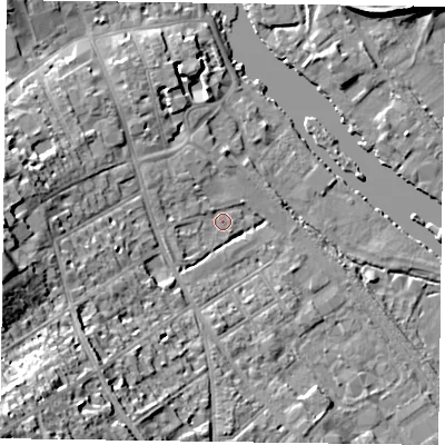 Shaded relief map of the ground around RG91BU, computed from Environment Agency LiDAR. The ground here sits at about 34 m above sea level and falls 28 m across the surrounding 800 m. Surface water reaching this point runs off ground lying to the south-west, 26.3 m higher.