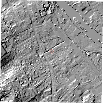 Shaded relief map of the ground around RG91BY, computed from Environment Agency LiDAR. The ground here sits at about 34 m above sea level and falls 32 m across the surrounding 800 m. Surface water reaching this point runs off ground lying to the south-west, 25.3 m higher.