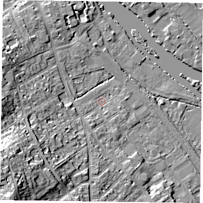 Shaded relief map of the ground around RG91DB, computed from Environment Agency LiDAR. The ground here sits at about 33 m above sea level and falls 27 m across the surrounding 800 m. Surface water reaching this point runs off ground lying to the south-west, 24.3 m higher.