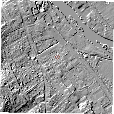 Shaded relief map of the ground around RG91DD, computed from Environment Agency LiDAR. The ground here sits at about 34 m above sea level and falls 27 m across the surrounding 800 m. Surface water reaching this point runs off ground lying to the south-west, 24.3 m higher.