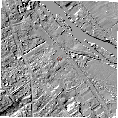 Shaded relief map of the ground around RG91DS, computed from Environment Agency LiDAR. The ground here sits at about 34 m above sea level and falls 22 m across the surrounding 800 m. Surface water reaching this point runs off ground lying to the south-west, 1.1 m higher.
