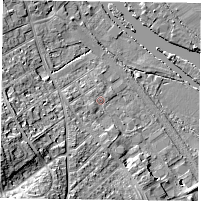 Shaded relief map of the ground around RG91FH, computed from Environment Agency LiDAR. The ground here sits at about 34 m above sea level and falls 25 m across the surrounding 800 m. Surface water reaching this point runs off ground lying to the south-west, 19.2 m higher.