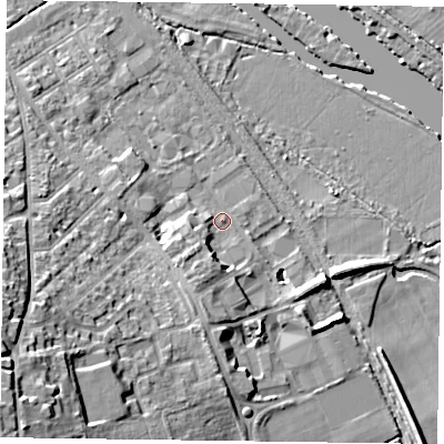 Shaded relief map of the ground around RG91HG, computed from Environment Agency LiDAR. The ground here sits at about 34 m above sea level and falls 24 m across the surrounding 800 m. Surface water reaching this point runs off ground lying to the south-west, 5.1 m higher.