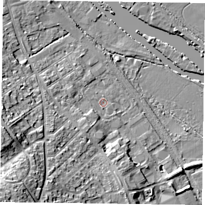 Shaded relief map of the ground around RG91HH, computed from Environment Agency LiDAR. The ground here sits at about 34 m above sea level and falls 27 m across the surrounding 800 m. Surface water reaching this point runs off ground lying to the south-south-west, 3.5 m higher.