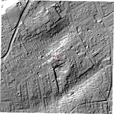 Shaded relief map of the ground around RG91JD, computed from Environment Agency LiDAR. The ground here sits at about 58 m above sea level and falls 45 m across the surrounding 800 m. Surface water reaching this point runs off ground lying to the south-west, 4.3 m higher.