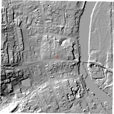 Shaded relief map of the ground around RG92AR, computed from Environment Agency LiDAR. The ground here sits at about 36 m above sea level and falls 20 m across the surrounding 800 m. Surface water reaching this point runs off ground lying to the west-south-west, 1.4 m higher.