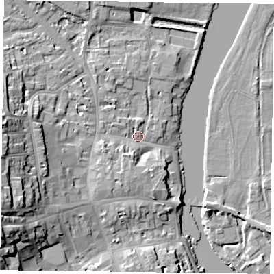 Shaded relief map of the ground around RG92BP, computed from Environment Agency LiDAR. The ground here sits at about 34 m above sea level and falls 19 m across the surrounding 800 m. Surface water reaching this point runs off ground lying to the west-south-west, 15.7 m higher.