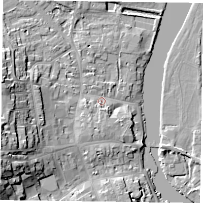 Shaded relief map of the ground around RG92BT, computed from Environment Agency LiDAR. The ground here sits at about 34 m above sea level and falls 21 m across the surrounding 800 m. Surface water reaching this point runs off ground lying to the west-south-west, 17.6 m higher.