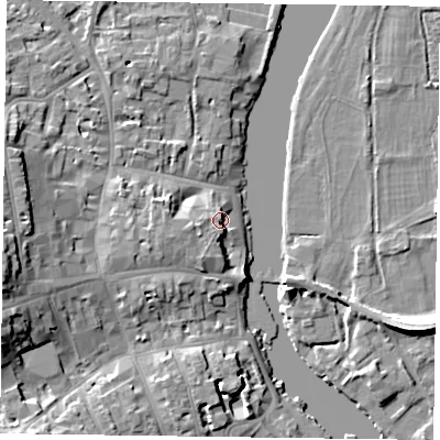 Shaded relief map of the ground around RG92BY, computed from Environment Agency LiDAR. The ground here sits at about 35 m above sea level and falls 13 m across the surrounding 800 m. Surface water reaching this point runs off ground lying to the west-south-west, 1.9 m higher.