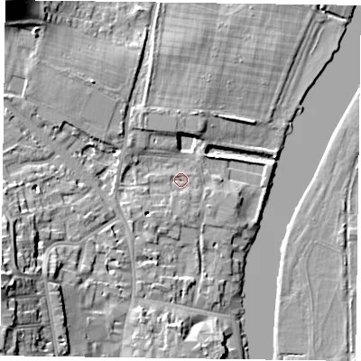 Shaded relief map of the ground around RG92HR, computed from Environment Agency LiDAR. The ground here sits at about 33 m above sea level and falls 18 m across the surrounding 800 m. Surface water reaching this point runs off ground lying to the south-south-west, 2.2 m higher.
