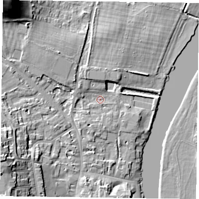 Shaded relief map of the ground around RG92HS, computed from Environment Agency LiDAR. The ground here sits at about 33 m above sea level and falls 21 m across the surrounding 800 m. Surface water reaching this point runs off ground lying to the west-south-west, 16.6 m higher.