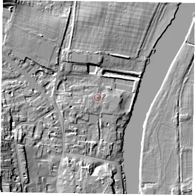 Shaded relief map of the ground around RG92HU, computed from Environment Agency LiDAR. The ground here sits at about 34 m above sea level and falls 17 m across the surrounding 800 m. Surface water reaching this point runs off ground lying to the south-west, 1.5 m higher.