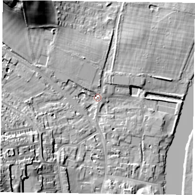 Shaded relief map of the ground around RG92JA, computed from Environment Agency LiDAR. The ground here sits at about 35 m above sea level and falls 28 m across the surrounding 800 m. Surface water reaching this point runs off ground lying to the south-west, 25.7 m higher.