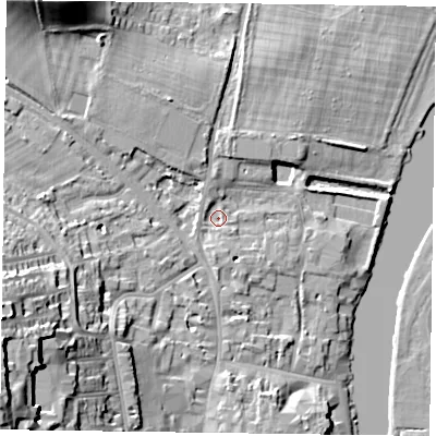Shaded relief map of the ground around RG92JB, computed from Environment Agency LiDAR. The ground here sits at about 34 m above sea level and falls 25 m across the surrounding 800 m. Surface water reaching this point runs off ground lying to the south-west, 22.7 m higher.