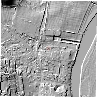 Shaded relief map of the ground around RG92JD, computed from Environment Agency LiDAR. The ground here sits at about 34 m above sea level and falls 21 m across the surrounding 800 m. Surface water reaching this point runs off ground lying to the south, 1.9 m higher.