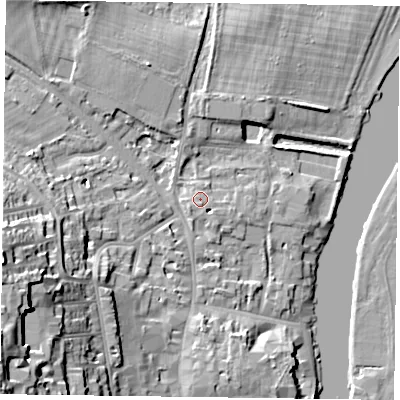 Shaded relief map of the ground around RG92JE, computed from Environment Agency LiDAR. The ground here sits at about 35 m above sea level and falls 24 m across the surrounding 800 m. Surface water reaching this point runs off ground lying to the south, 1.0 m higher.