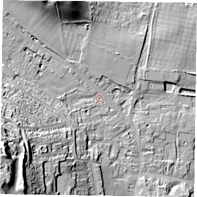 Shaded relief map of the ground around RG92JJ, computed from Environment Agency LiDAR. The ground here sits at about 35 m above sea level and falls 41 m across the surrounding 800 m. Surface water reaching this point runs off ground lying to the west-south-west, 36.5 m higher.