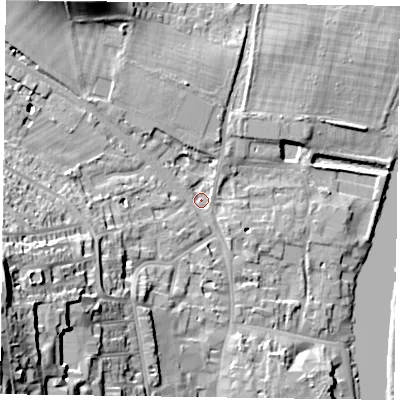 Shaded relief map of the ground around RG92JL, computed from Environment Agency LiDAR. The ground here sits at about 34 m above sea level and falls 32 m across the surrounding 800 m. Surface water reaching this point runs off ground lying to the south-west, 27.9 m higher.