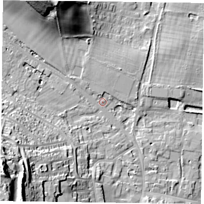 Shaded relief map of the ground around RG92JN, computed from Environment Agency LiDAR. The ground here sits at about 35 m above sea level and falls 41 m across the surrounding 800 m. Surface water reaching this point runs off ground lying to the north-north-west, 25.6 m higher.