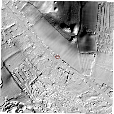 Shaded relief map of the ground around RG92JZ, computed from Environment Agency LiDAR. The ground here sits at about 37 m above sea level and falls 57 m across the surrounding 800 m. Surface water reaching this point runs off ground lying to the north, 52.3 m higher.