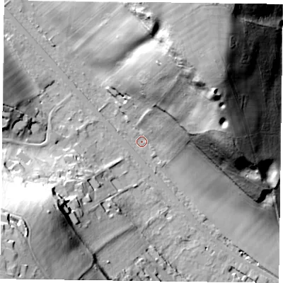 Shaded relief map of the ground around RG92LA, computed from Environment Agency LiDAR. The ground here sits at about 41 m above sea level and falls 62 m across the surrounding 800 m. Surface water reaching this point runs off ground lying to the north-north-east, 57.1 m higher.