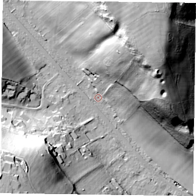 Shaded relief map of the ground around RG92LB, computed from Environment Agency LiDAR. The ground here sits at about 41 m above sea level and falls 63 m across the surrounding 800 m. Surface water reaching this point runs off ground lying to the north-east, 56.7 m higher.
