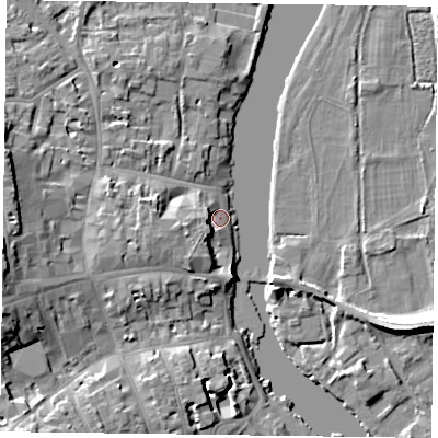 Shaded relief map of the ground around RG92LJ, computed from Environment Agency LiDAR. The ground here sits at about 32 m above sea level and falls 12 m across the surrounding 800 m. Surface water reaching this point runs off ground lying to the south-west, 4.4 m higher.
