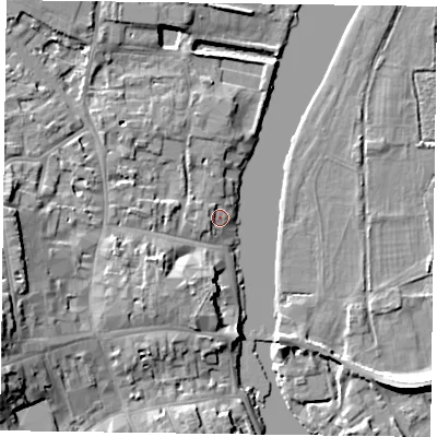 Shaded relief map of the ground around RG92LL, computed from Environment Agency LiDAR. The ground here sits at about 33 m above sea level and falls 13 m across the surrounding 800 m. Surface water reaching this point runs off ground lying to the west-south-west, 1.7 m higher.