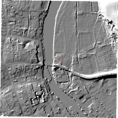 Shaded relief map of the ground around RG92LP, computed from Environment Agency LiDAR. The ground here sits at about 32 m above sea level and falls 36 m across the surrounding 800 m. Surface water reaching this point runs off ground lying to the south-south-west, 2.2 m higher.