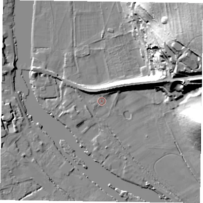 Shaded relief map of the ground around RG92LT, computed from Environment Agency LiDAR. The ground here sits at about 33 m above sea level and falls 59 m across the surrounding 800 m. Surface water reaching this point runs off ground lying to the north-north-east, 8.9 m higher.