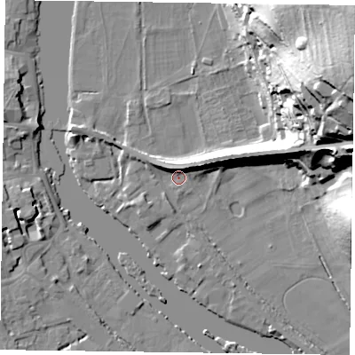 Shaded relief map of the ground around RG92LU, computed from Environment Agency LiDAR. The ground here sits at about 33 m above sea level and falls 57 m across the surrounding 800 m. Surface water reaching this point runs off ground lying to the north-east, 6.8 m higher.