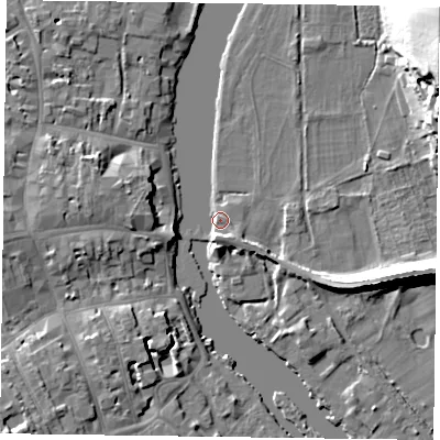 Shaded relief map of the ground around RG92LW, computed from Environment Agency LiDAR. The ground here sits at about 32 m above sea level and falls 31 m across the surrounding 800 m. Surface water reaching this point runs off ground lying to the south-south-west, 4.3 m higher.