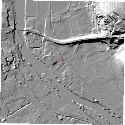 Shaded relief map of the ground around RG92LX, computed from Environment Agency LiDAR. The ground here sits at about 32 m above sea level and falls 57 m across the surrounding 800 m. Surface water reaching this point runs off ground lying to the north-north-east, 6.8 m higher.