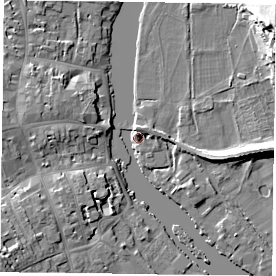 Shaded relief map of the ground around RG92LY, computed from Environment Agency LiDAR. The ground here sits at about 34 m above sea level and falls 26 m across the surrounding 800 m. Surface water reaching this point runs off ground lying to the south-west, 11.9 m higher.