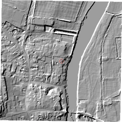Shaded relief map of the ground around RG92NH, computed from Environment Agency LiDAR. The ground here sits at about 33 m above sea level and falls 13 m across the surrounding 800 m. Surface water reaching this point runs off ground lying to the west-north-west, 1.6 m higher.