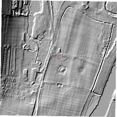 Shaded relief map of the ground around RG93AA, computed from Environment Agency LiDAR. The ground here sits at about 32 m above sea level and falls 17 m across the surrounding 800 m. Surface water reaching this point runs off ground lying to the south-south-west, 4.1 m higher.