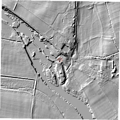 Shaded relief map of the ground around RG93AF, computed from Environment Agency LiDAR. The ground here sits at about 31 m above sea level and falls 11 m across the surrounding 800 m. Surface water reaching this point runs off ground lying to the north, 5.4 m higher.