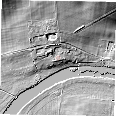 Shaded relief map of the ground around RG93AU, computed from Environment Agency LiDAR. The ground here sits at about 35 m above sea level and falls 26 m across the surrounding 800 m. Surface water reaching this point runs off ground lying to the north-north-west, 3.6 m higher.