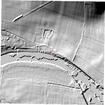 Shaded relief map of the ground around RG93AX, computed from Environment Agency LiDAR. The ground here sits at about 33 m above sea level and falls 26 m across the surrounding 800 m. Surface water reaching this point runs off ground lying to the east, 3.1 m higher.