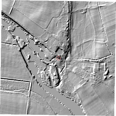 Shaded relief map of the ground around RG93AY, computed from Environment Agency LiDAR. The ground here sits at about 33 m above sea level and falls 13 m across the surrounding 800 m. Surface water reaching this point runs off ground lying to the north, 3.2 m higher.