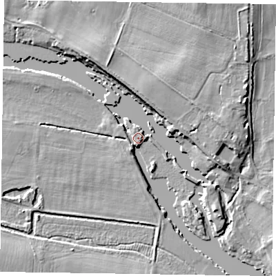 Shaded relief map of the ground around RG93AZ, computed from Environment Agency LiDAR. The ground here sits at about 32 m above sea level and falls 10 m across the surrounding 800 m. Surface water reaching this point runs off ground lying to the east, 2.6 m higher.